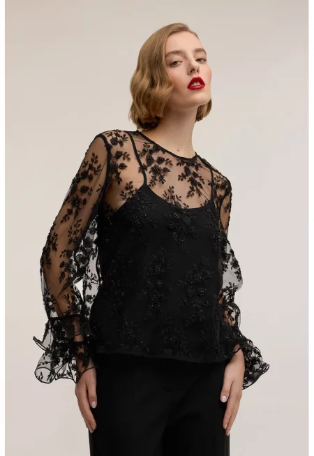 Флорална блуза с полупрозрачни панели - Черен