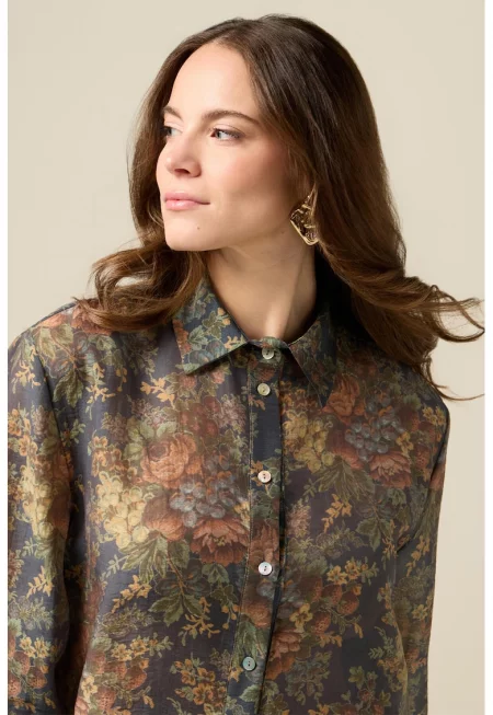 Флорална риза с остра яка - Тъмносин/Каки/Керемидено червено