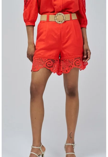 Къс панталон с лен и колан - Аленочервен