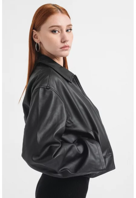 Късо яке от еко кожа - Черен