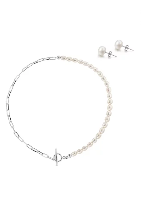 Комплект сребърни обеци 925 с култивирани перли и сребърно колие 925 с бели култивирани перли 6.5мм + верижка paperclip - закопчалка toggle S