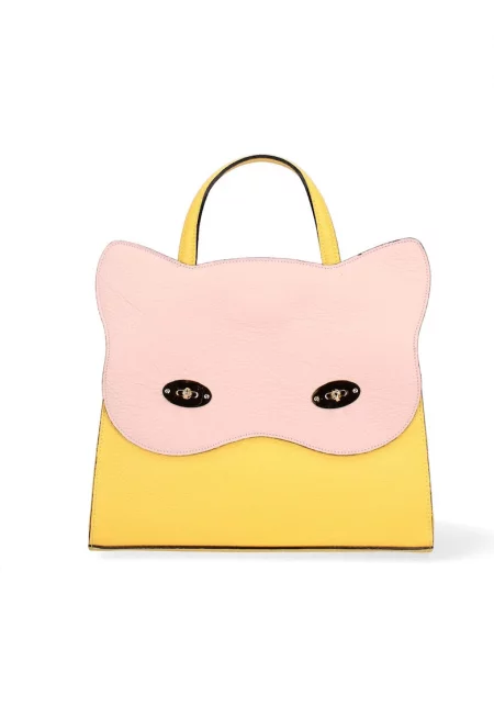 Кожена чанта с дизайн на котка - Жълт/Розово
