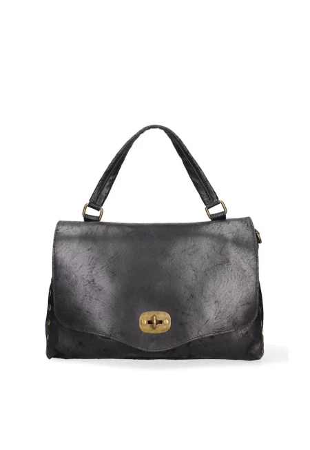 Кожена чанта за рамо Silvana Prime с капаче - Черен