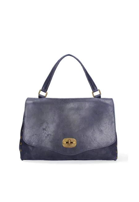 Кожена чанта за рамо Silvana Prime с капаче - Тъмносин