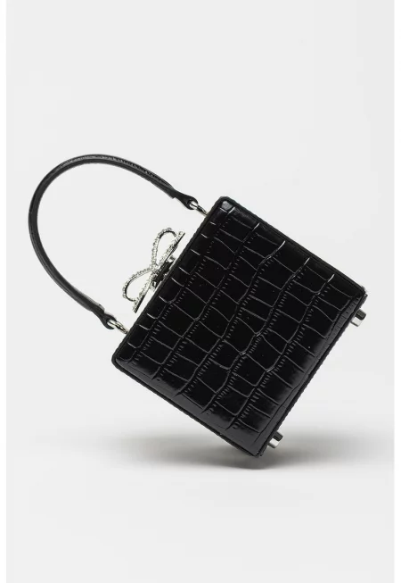 Кожена малка чанта с кристална панделка