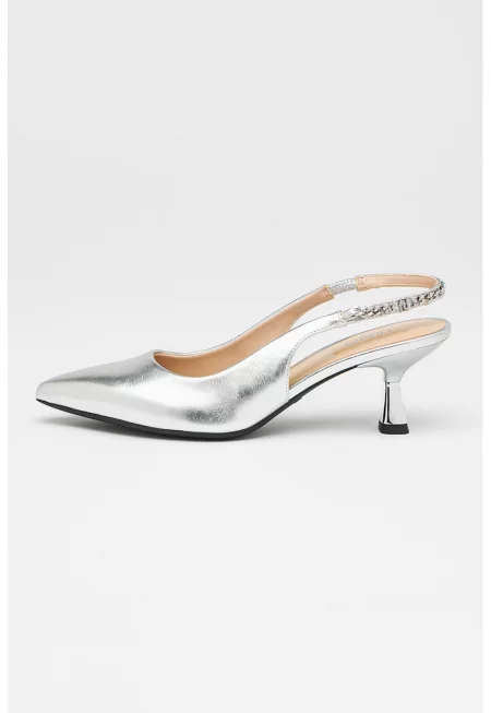 Обувки от еко кожа с отворена пета и котешки ток - Сребрист