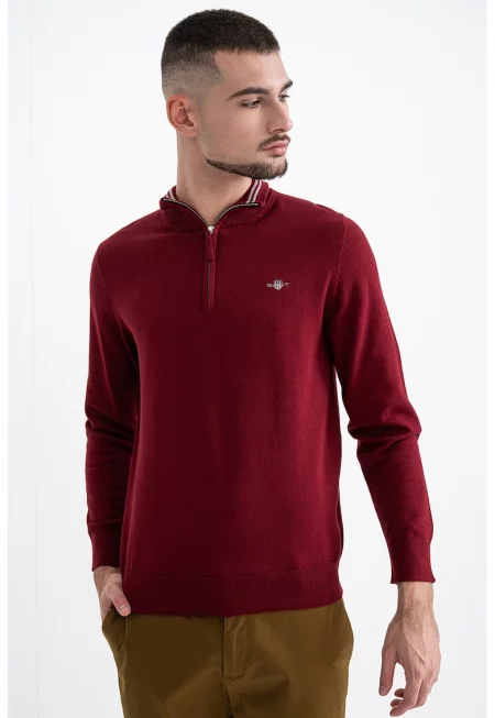 Памучен пуловер с къс цип - Керемидено червено