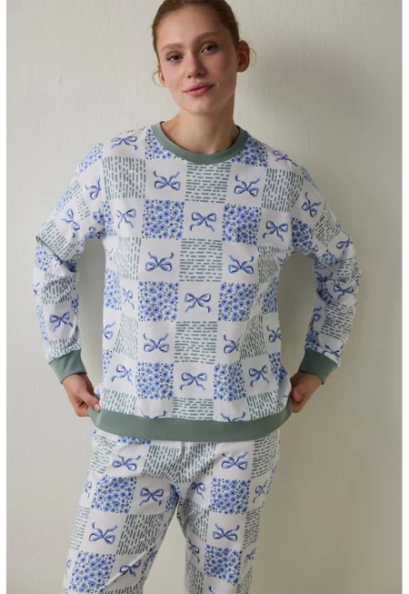 Памучна пижама с принт - Бял/Зелен/Син