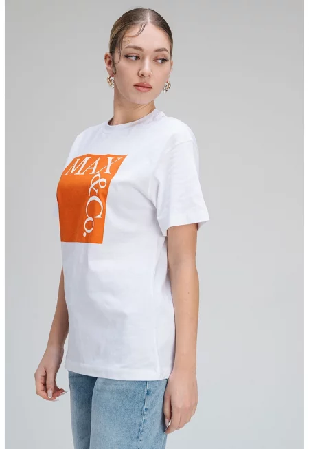 Памучна тениска с лого - Бял/Оранжев