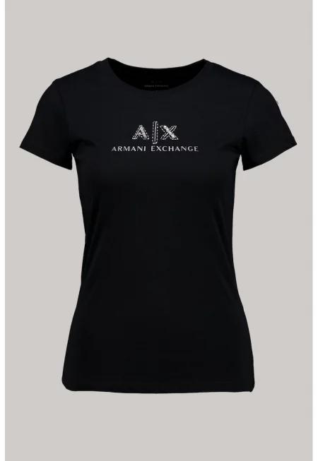 Памучна тениска с овално деколте и лого - Черен/Сребрист