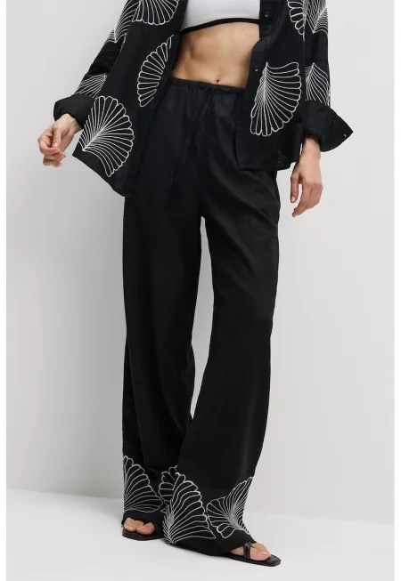 Панталон с лен с широк крачол - Черен