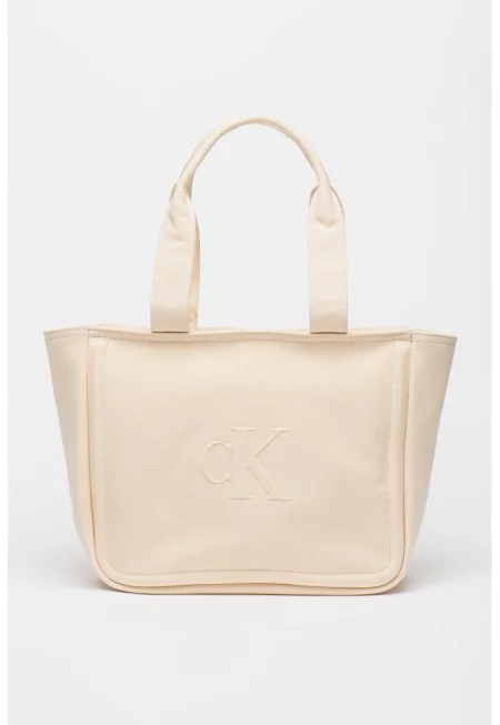 Платнена шопинг чанта с лого - Светло бежово