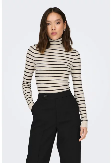 Плетен пуловер Karol с рипсен ефект и поло - Черен/Мръснобял