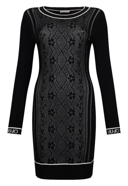 Плетена рокля с овално деколте - Черен