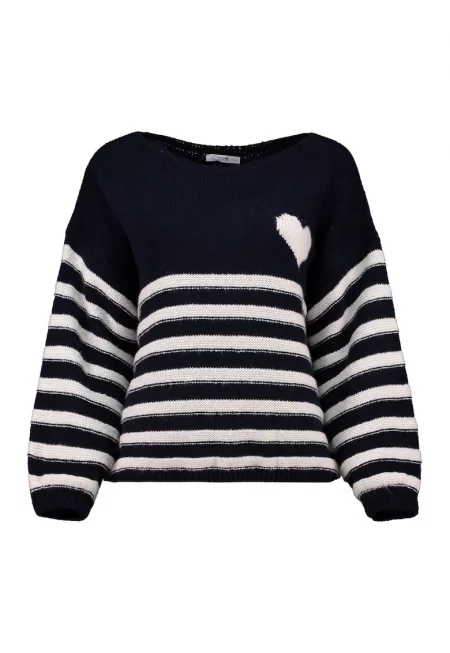 Пуловер на райе с овално деколте - Ултрамарин синьо/Мръснобял