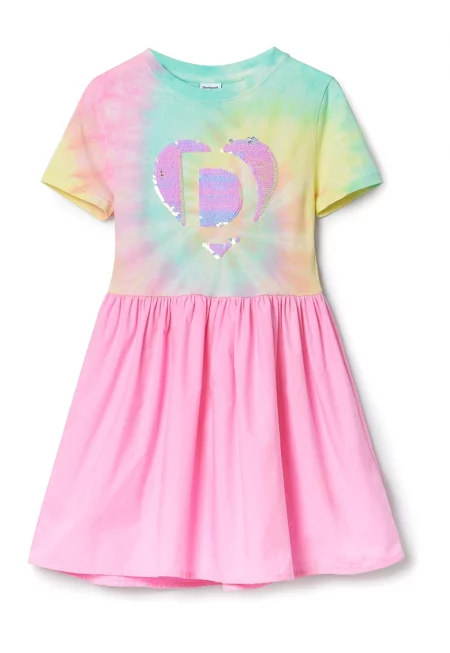 Разкроена рокля с принт - Бледожълт/Розово/Ментово зелено