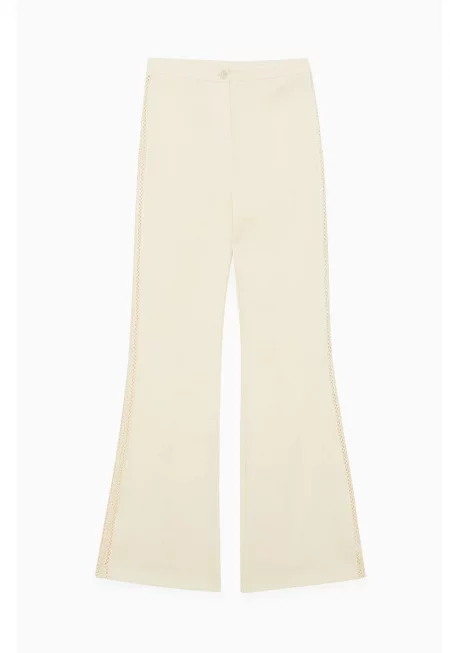 -Разкроени панталони с детайли от плетиво отстрани - Крем