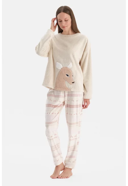 Релефна пижама с коледна шарка - Светло бежово