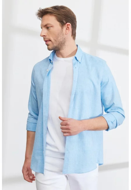Риза Oxford с лен - Ледено синьо