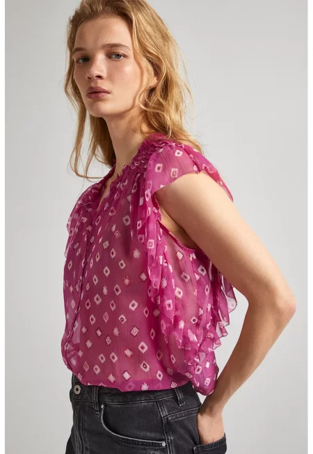 Риза с принт - без ръкави - Фуксия
