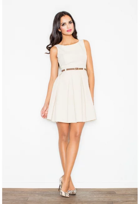 Рокля  M083 - Елегантна - С колан - Вталена - 100% полиестер - Бежова -