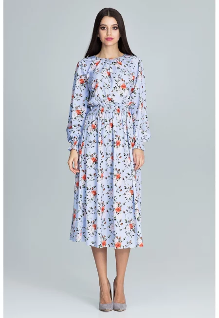 Рокля  M600 - флорален десен - синя - миди кройка - дълъг ръкав - 95% полиестер - 5% еластан
