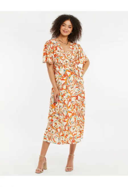 Рокля Malika със застъпване и десен - Червен/Бежов