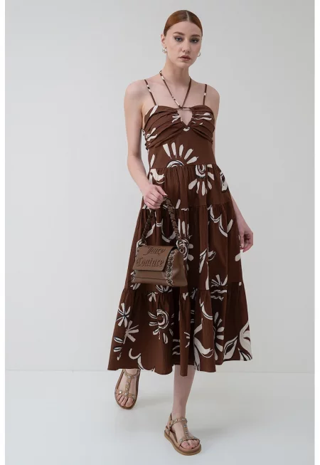 Рокля на волани - Кафяв/Мръснобял