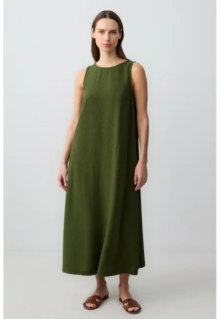 Рокля с лен - Тъмнозелен