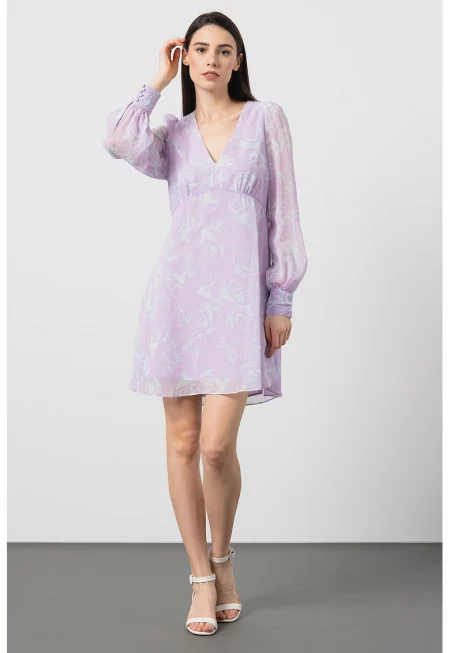 Рокля с шпиц и бухнали ръкави - Лилав/Ледено синьо