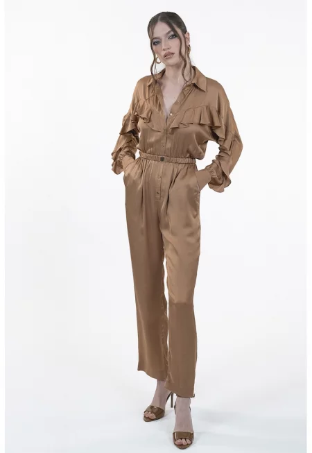 Сатиниран гащеризон с дълги ръкави и набирания