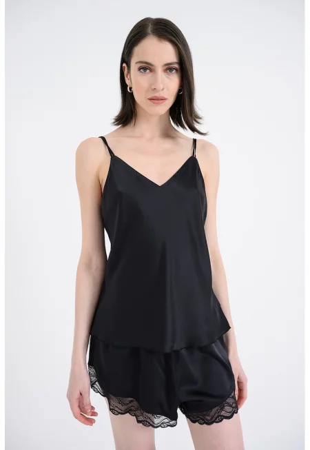 Сатинирана пижама с дантела - Черен