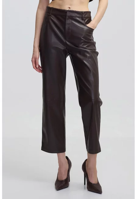 Скъсен панталон с висока талия - Тъмнокафяв