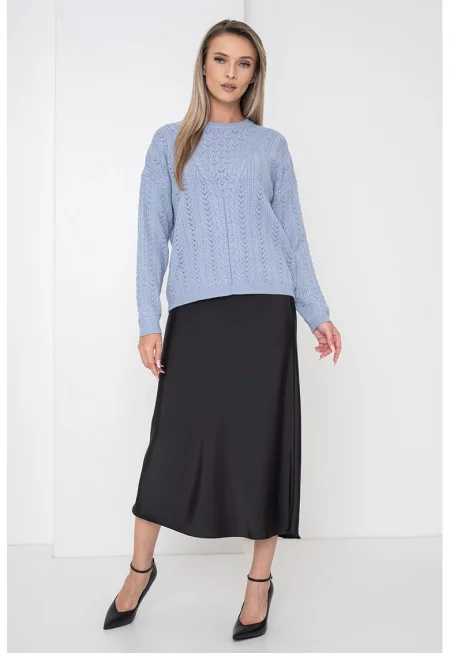 Свободен пуловер с ажур - Светлосин