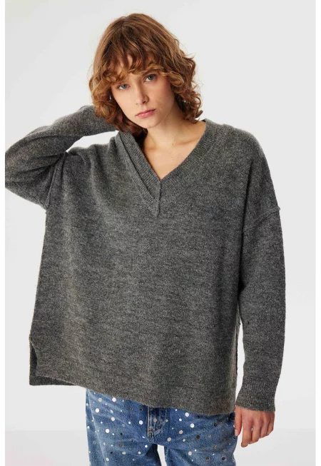 Свободен пуловер с вълна - Сив меланж