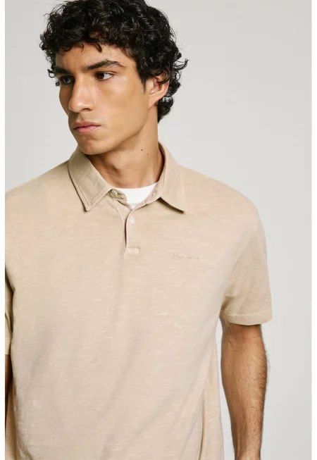 Тениска от памучно пике с яка - Бежов меланж