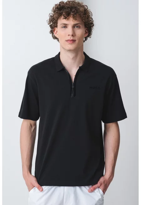 Тениска с памук с яка - Избеляло черно