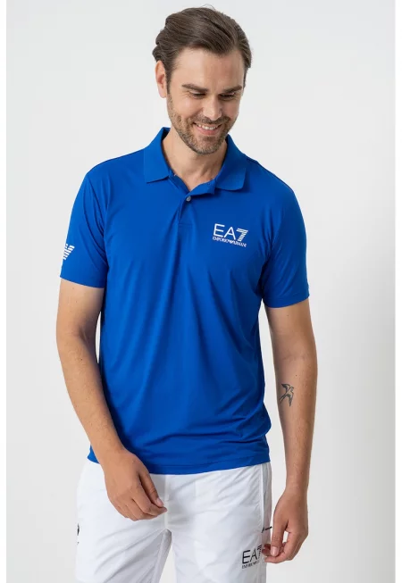 Тениска с яка и лого - Бял/Кралско Синьо