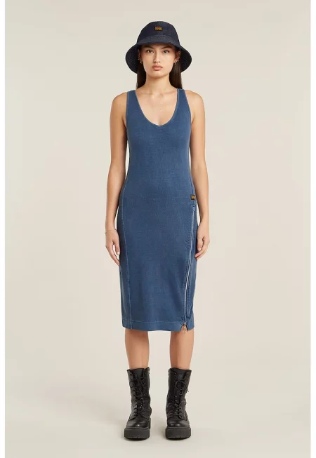 Вталена рокля от органичен памук с шпиц - Тъмносин