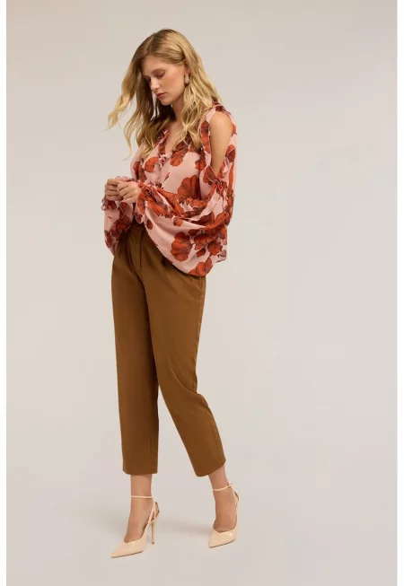 Блуза с голо рамо и десен - Розова сьомга/Тъмночервен