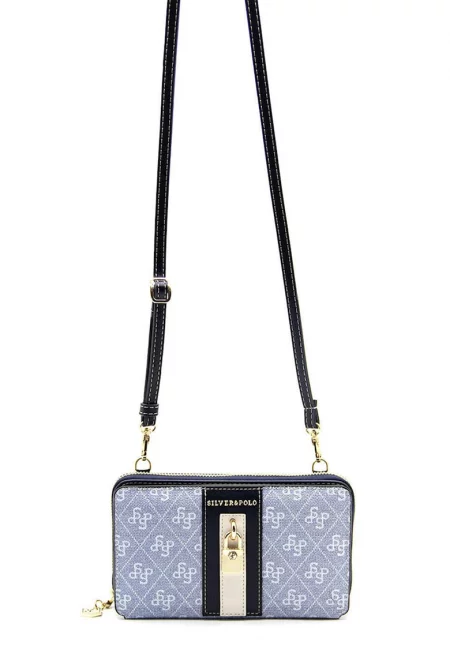 Чанта през рамо от еко кожа с монограм - Черен/Светлосин