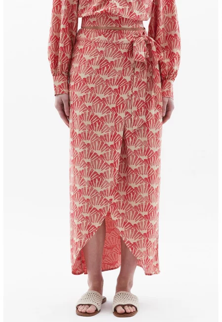 Дълга десенирана пола с фронтална цепка - Пастелнорозов/Мръснобял