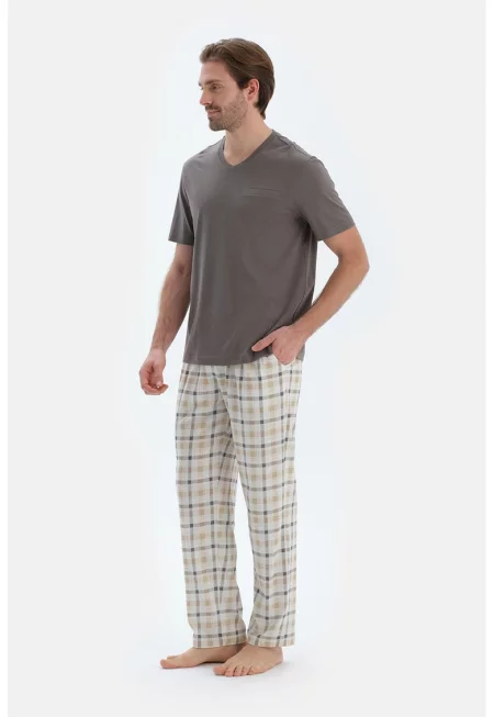 Дълга пижама с ръкави реглан - Tъмносив/Светло бежово