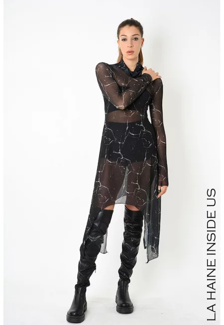 Дълга тюлена рокля с принт и висока яка - Черен