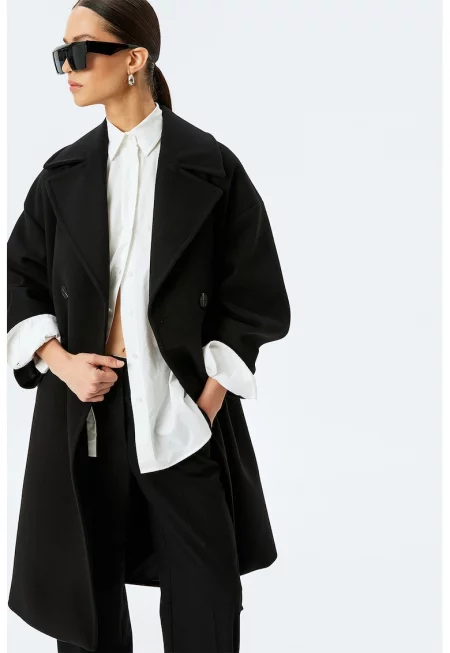 Дълго палто с копчета - Черен