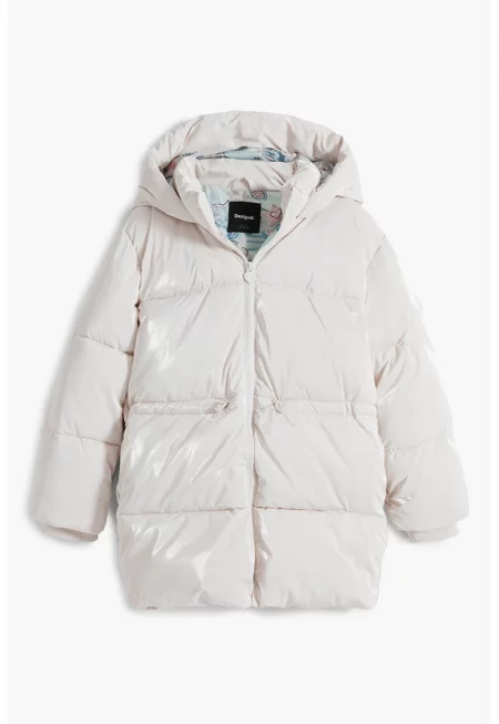 Дълго подплатено яке с качулка - Мръснобял