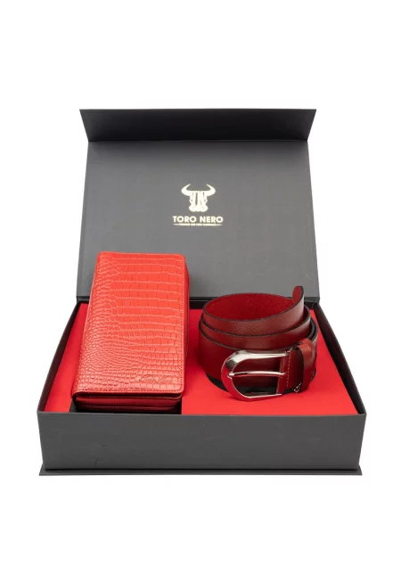 Дамски портфейл и комплект колан - естествена кожа - червен - Gia-Thick