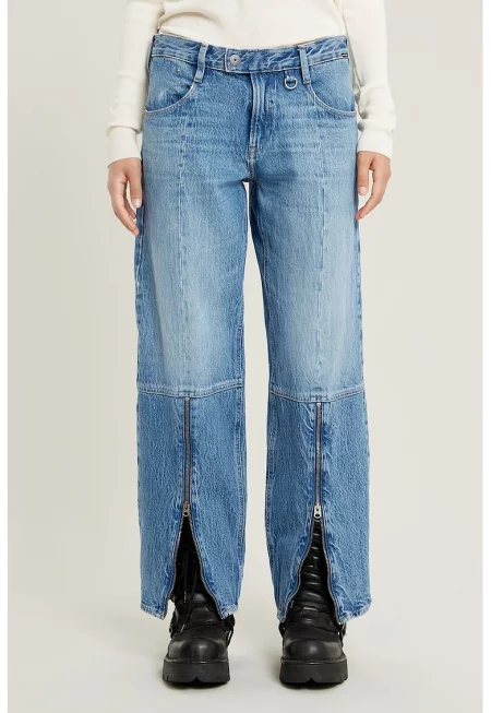 Дънки с копчета на подгъвите и шлицове с цип - Светлосин