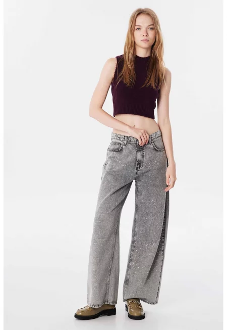 Дънки с широк крачол и декоративни камъни - Светло сив