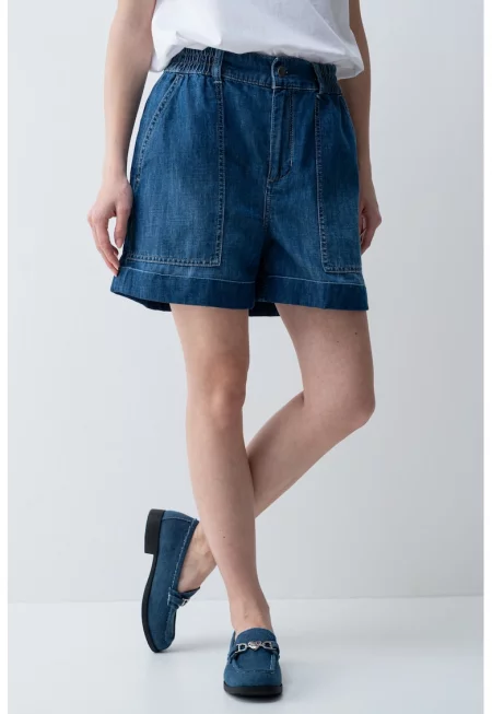 Дънков къс панталон с висока талия - Кралско Синьо